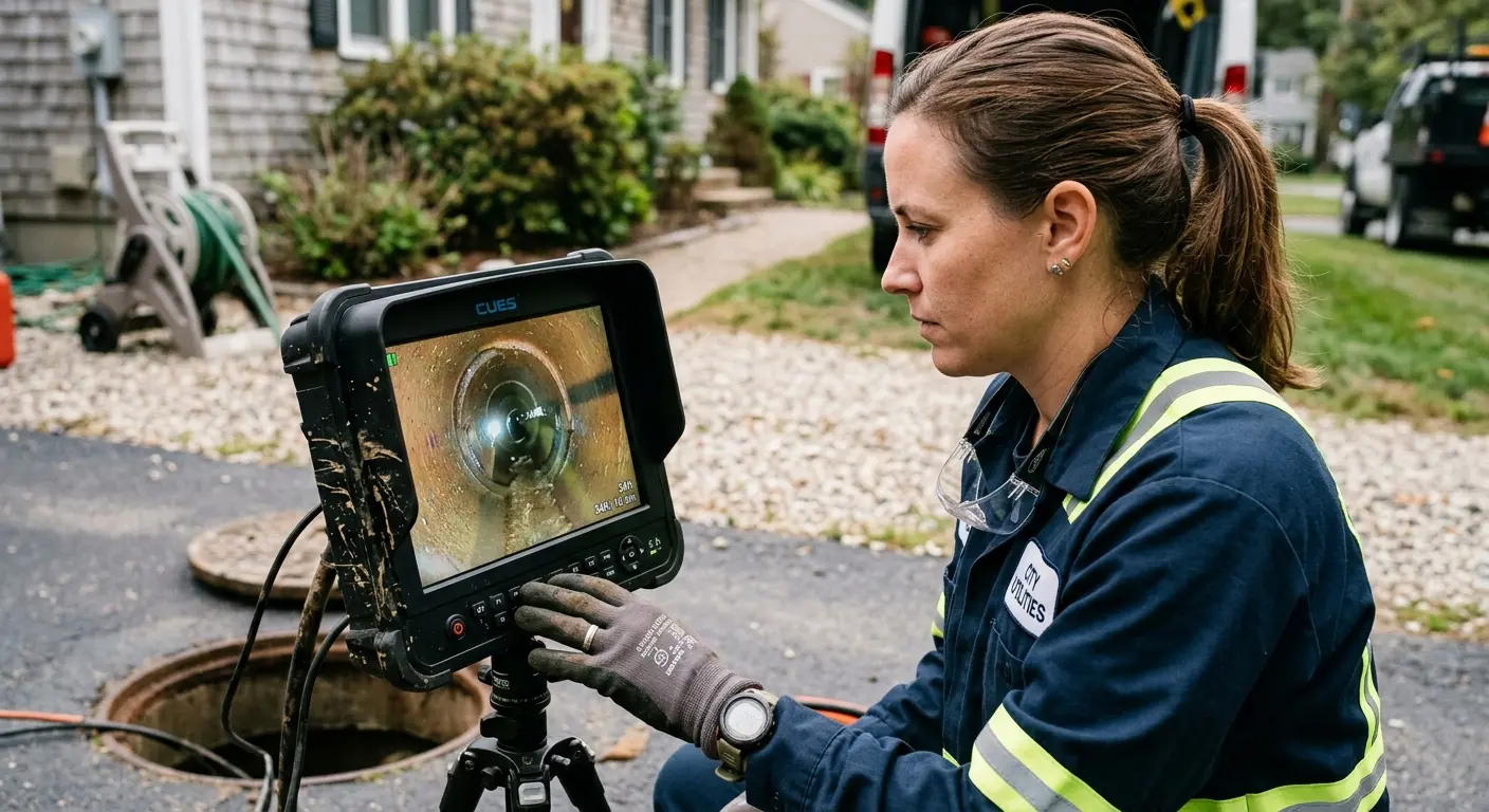 Technician reviewing sewer camera inspection footage in Mantua