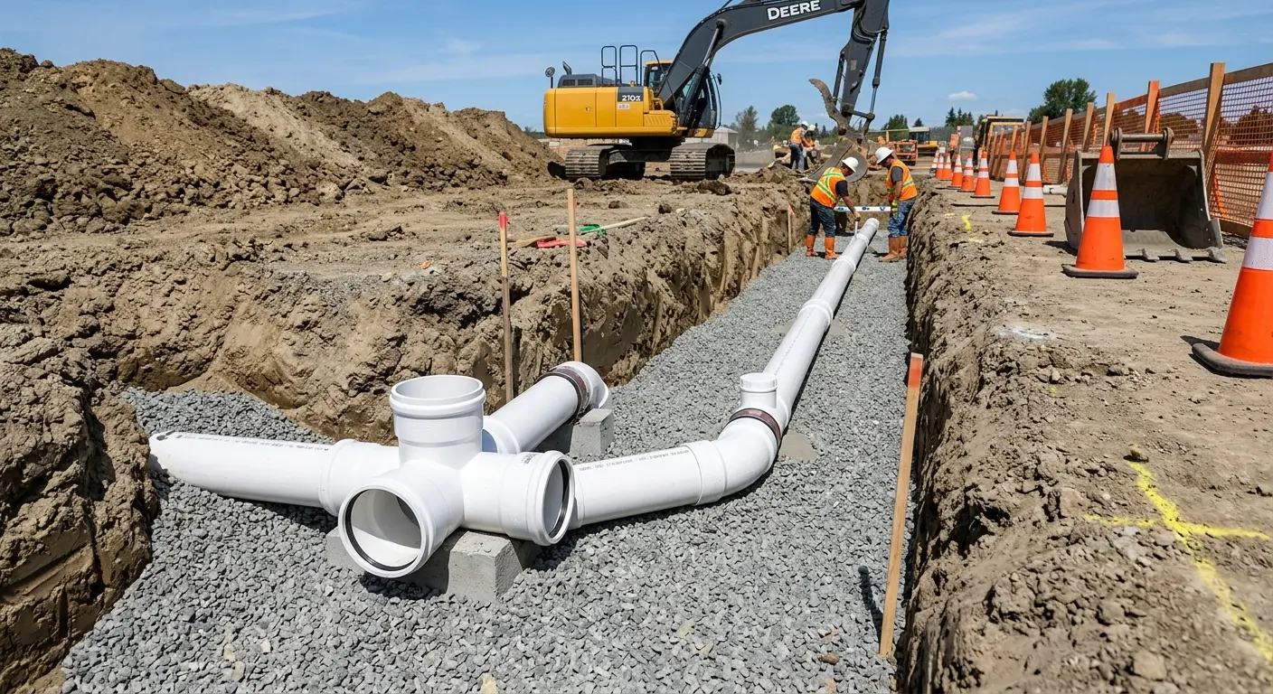 New PVC sewer pipe installation in open trench for Grease Trap Cleaning in Mantua