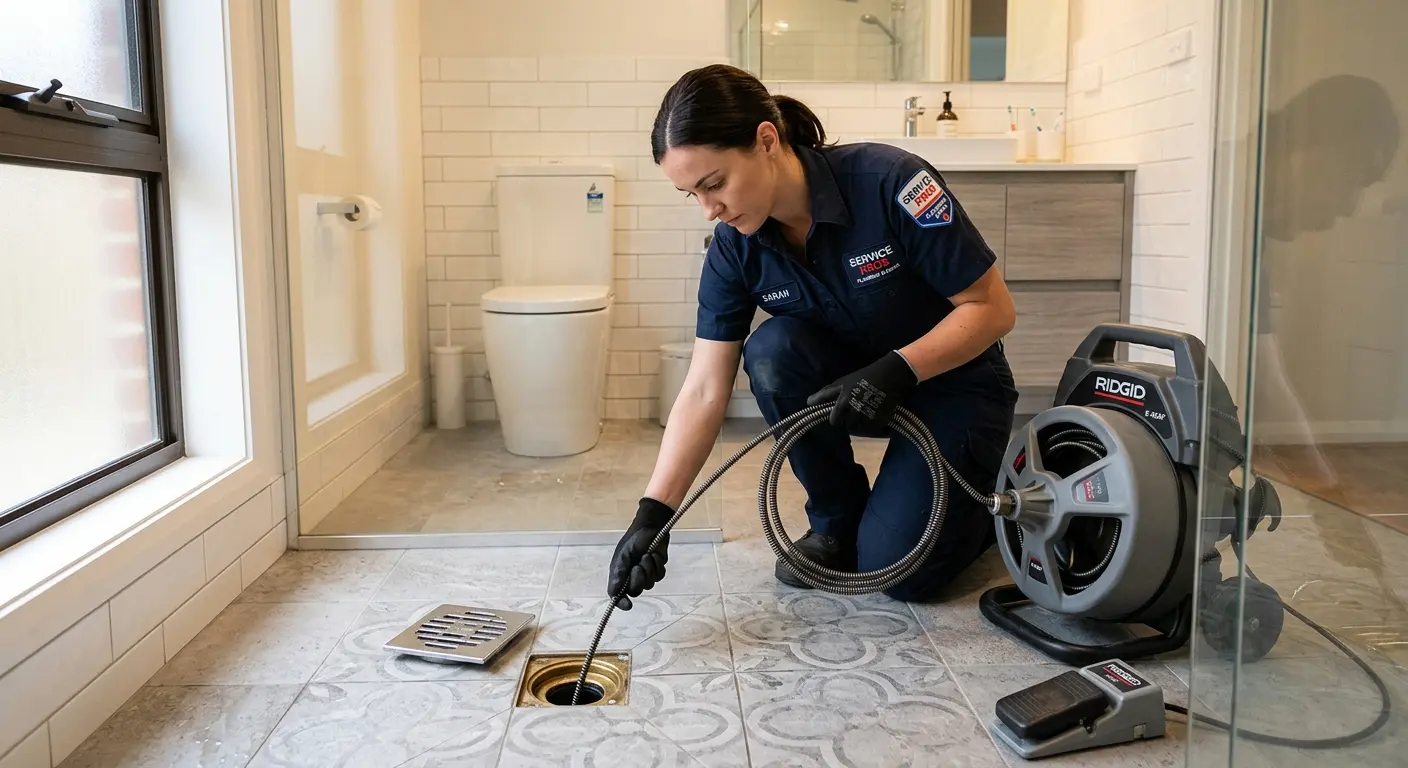 Technician clearing a bathroom floor drain for Hydro Jetting in Mantua